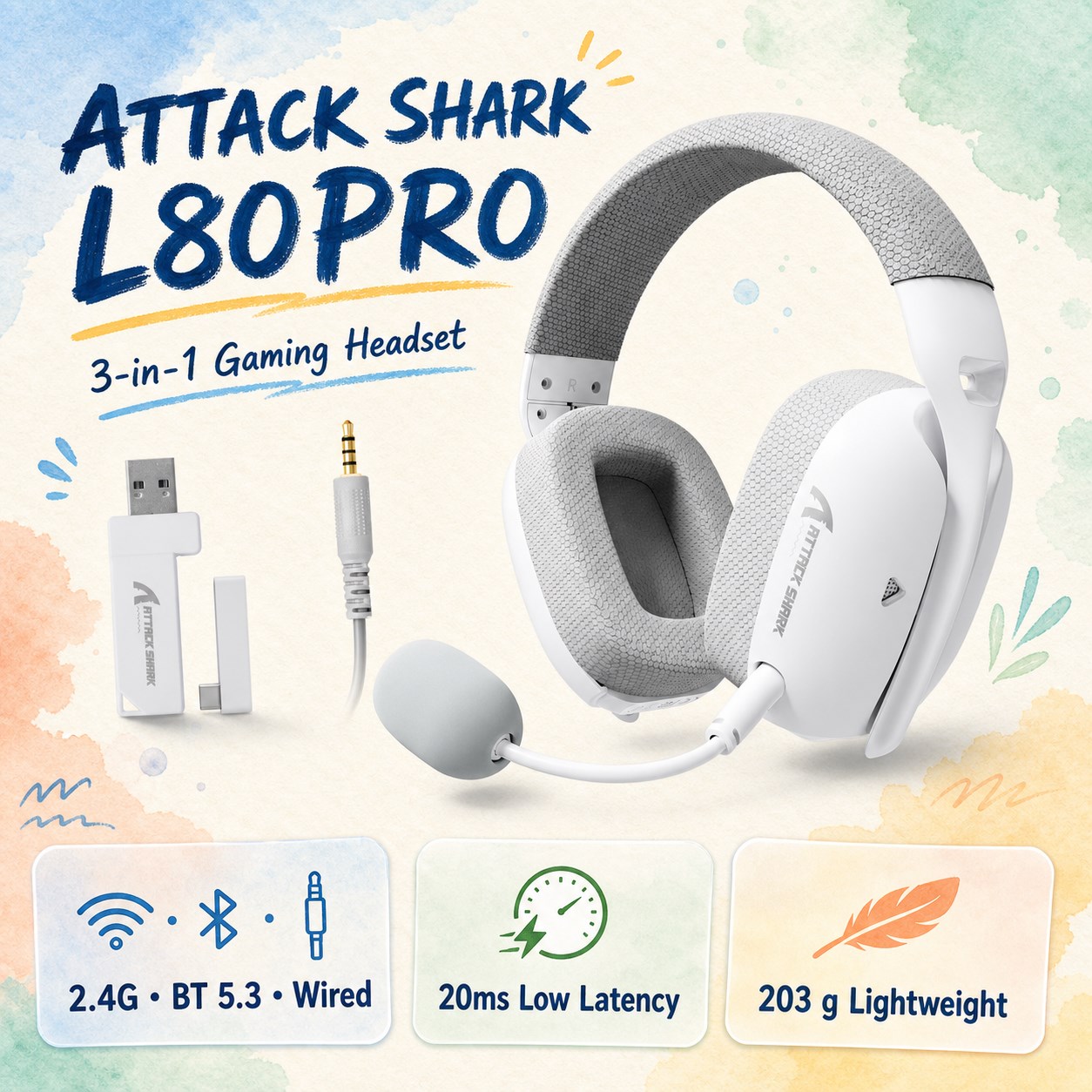 Esports Wireless Gaming Headset - ATTACK SHARK L80PRO Ultra‑Light 3‑in‑1 Gaming
